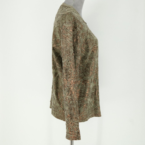 Chicos Sweater 1 Womens Medium 8 Green Full Zip Copper Metallic Stretch Knit - Picture 6 of 16